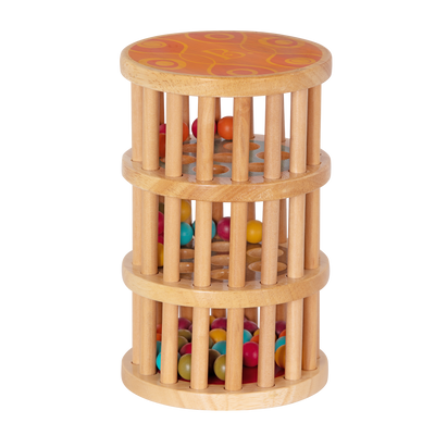 Rolling tower filled with colorful wooden marbles