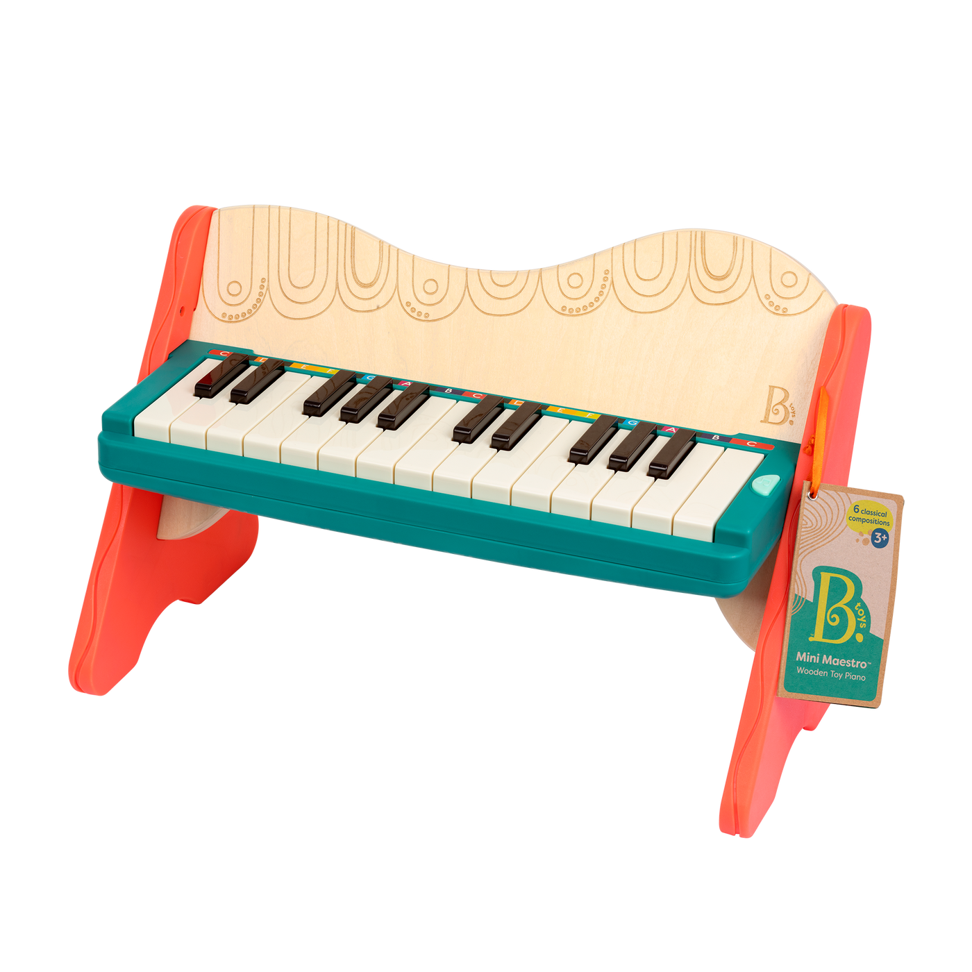 Wooden toy piano with songbook.