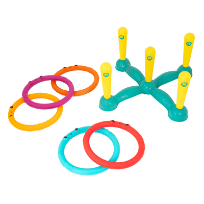 Ring toss game with five rings and five numbered pegs.