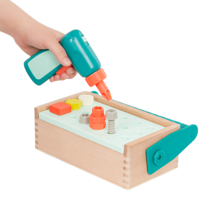 Toy tool box with tools.