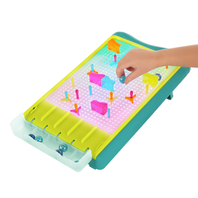 Peg board marble drop game for kids with lights and art sheets