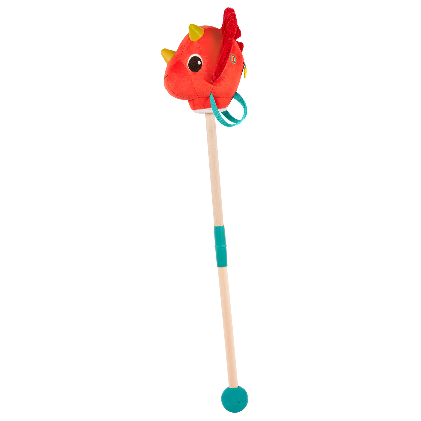 Plush dino hobbyhorse triceratops with wooden stick, sounds, and sensory textures