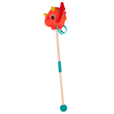 Plush dino hobbyhorse triceratops with wooden stick, sounds, and sensory textures