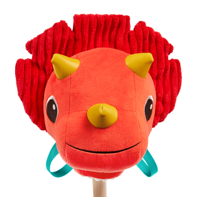 Plush dino hobbyhorse triceratops with wooden stick, sounds, and sensory textures