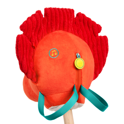 Plush dino hobbyhorse triceratops with wooden stick, sounds, and sensory textures