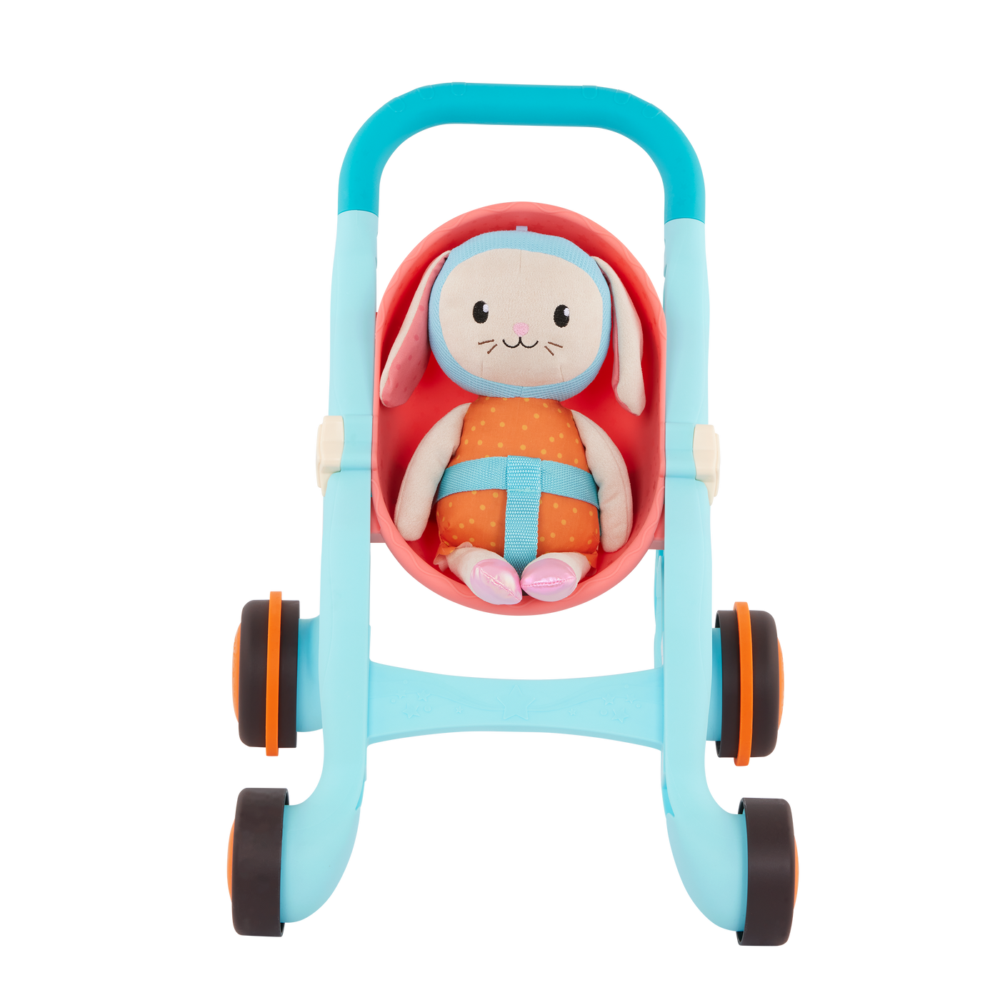 Toy stroller with plush bunny.