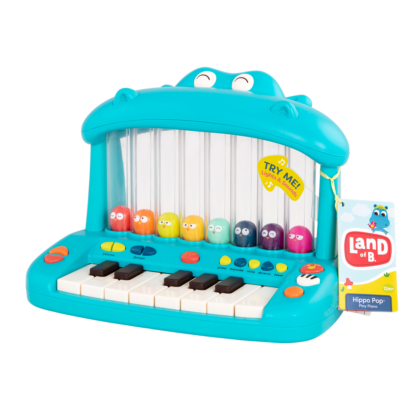 Hippo-shaped play piano for kids with 8 colorful birds.