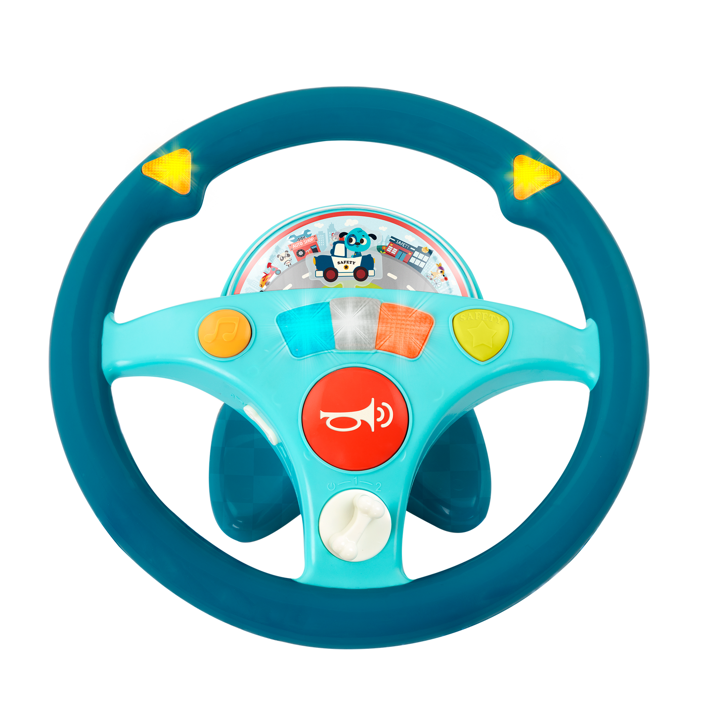 Toy steering wheel with light-up buttons.