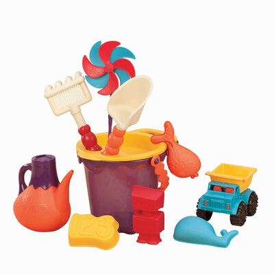 Beach toys with purple bucket.