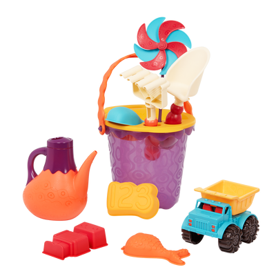 Beach toys with purple bucket.