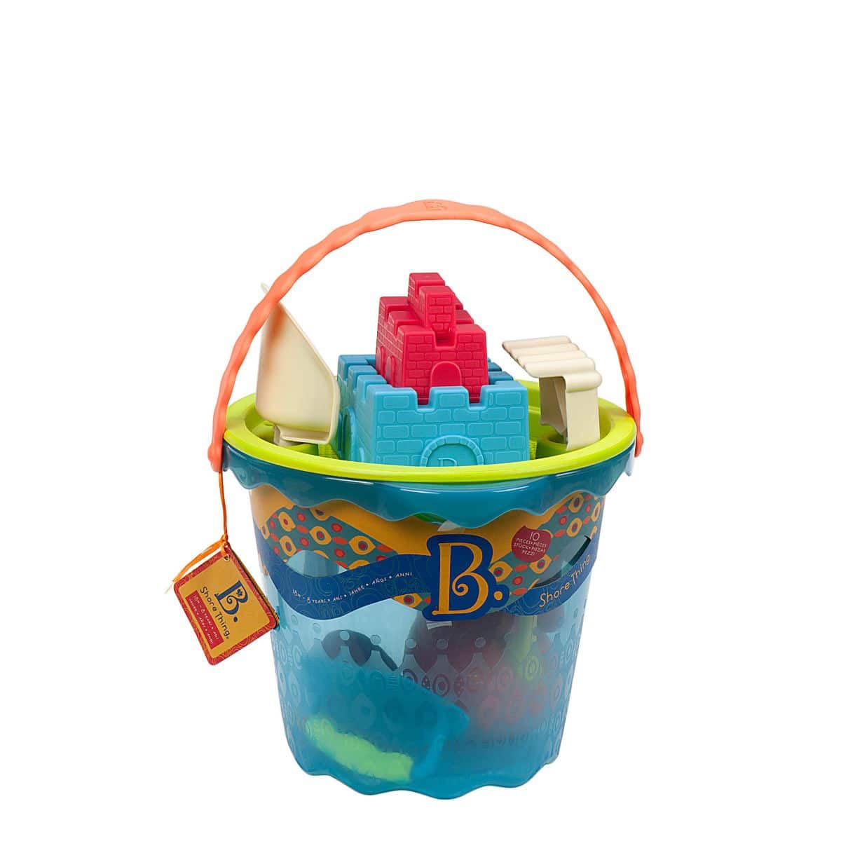 Beach toys with blue bucket.