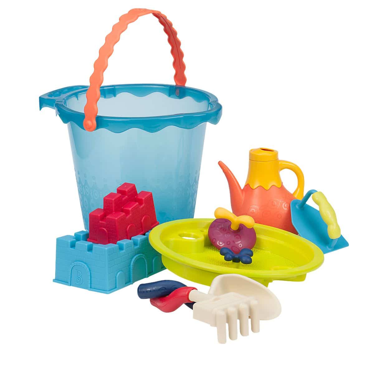 Beach toys with blue bucket.