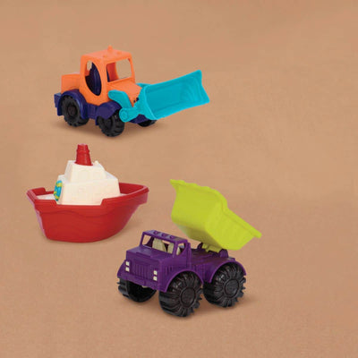 Mini toy trucks and boat.