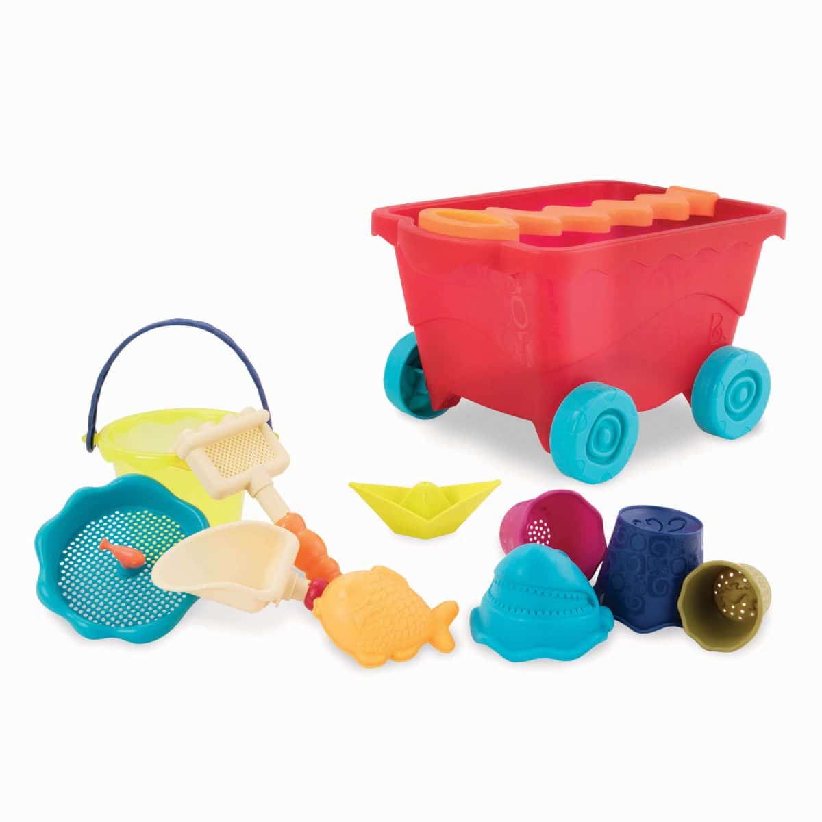 Beach toys and translucent red wagon