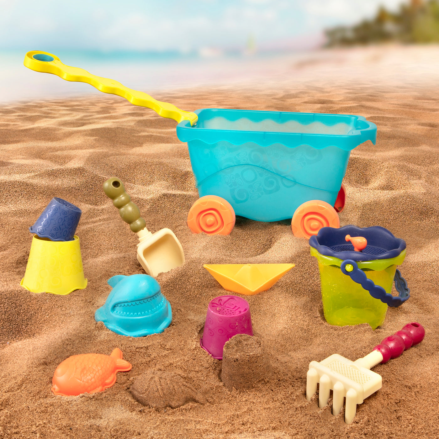 Beach toys and translucent blue wagon