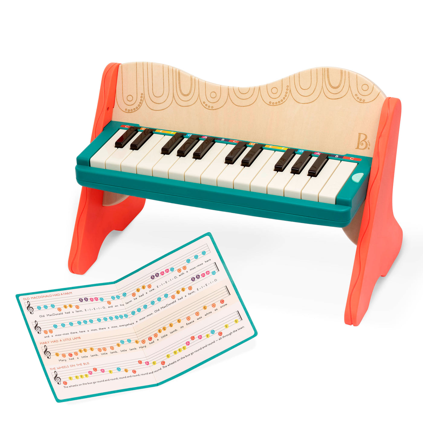 Wooden toy piano with songbook.