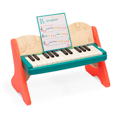 Wooden toy piano with songbook.