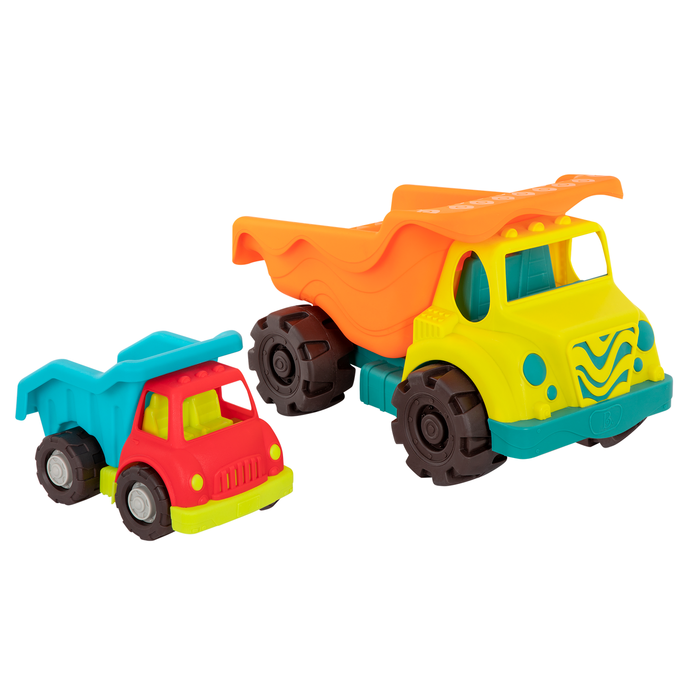 Two toy dump trucks.
