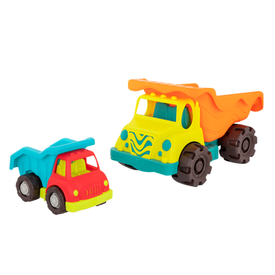 Two toy dump trucks.