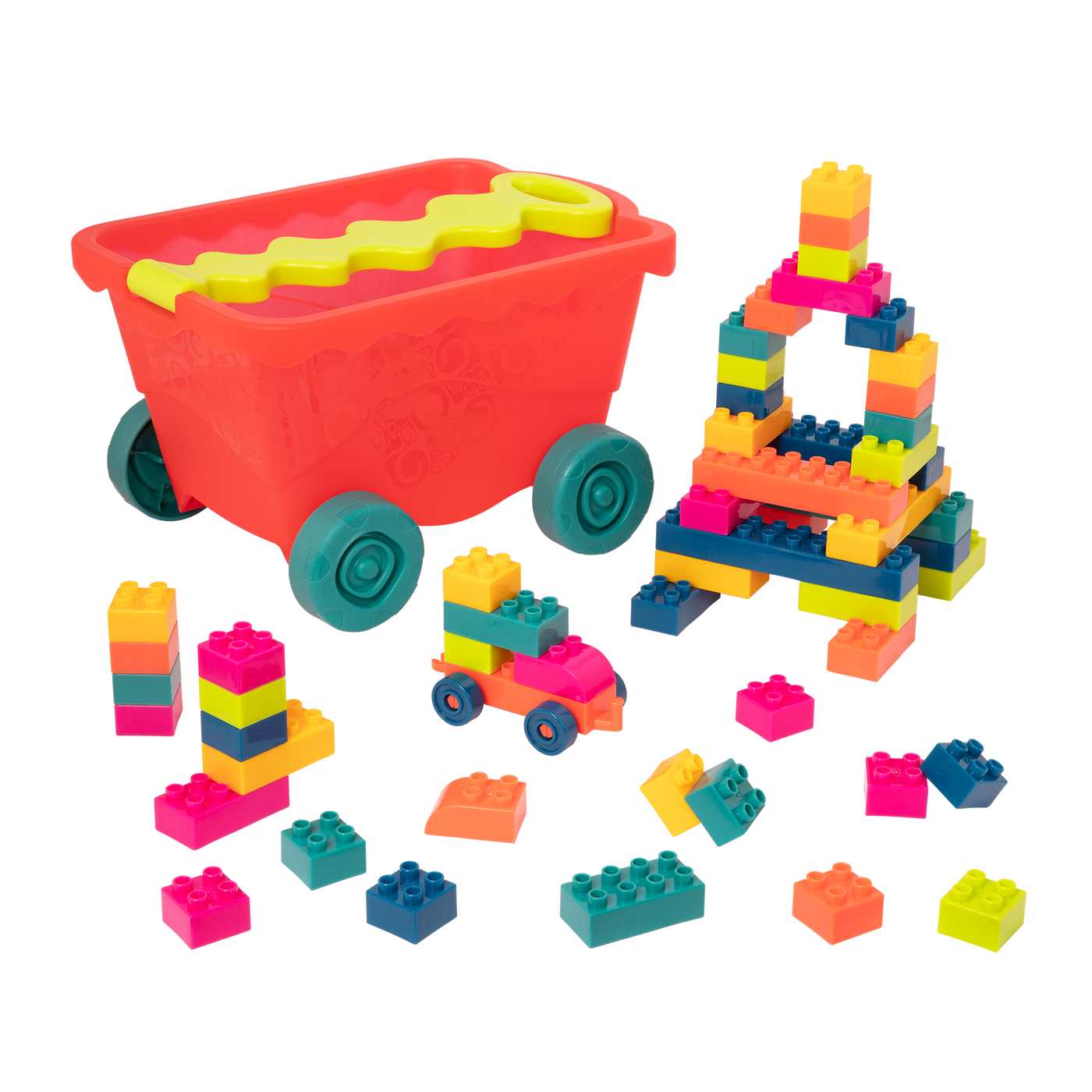 Colorful building blocks and a wagon.
