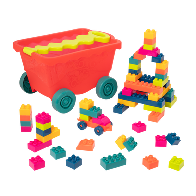 Colorful building blocks and a wagon.
