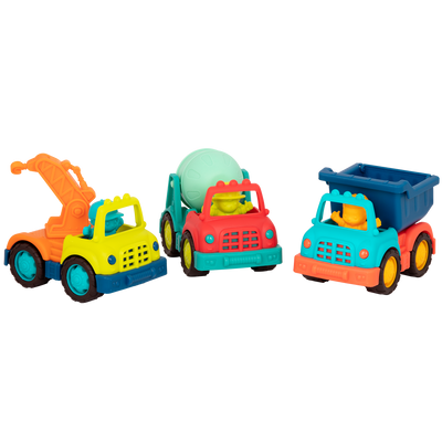 Three toy trucks with drivers.