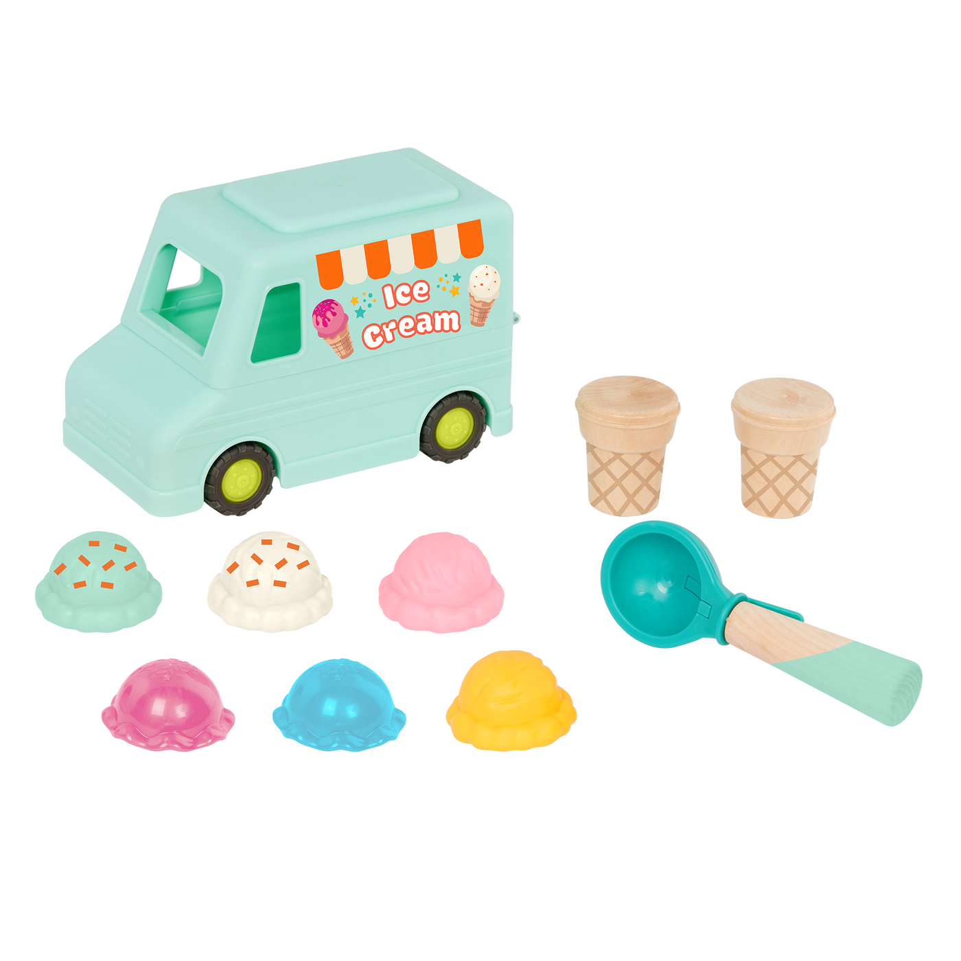 Toy ice cream truck with scoops.