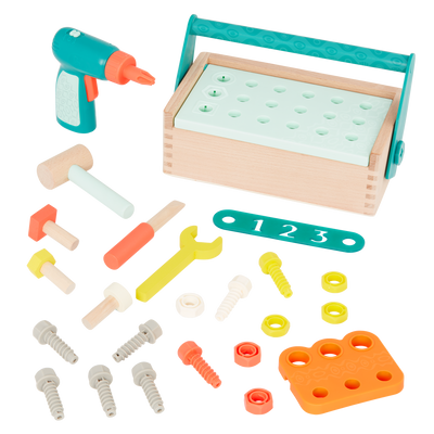 Toy tool box with tools.
