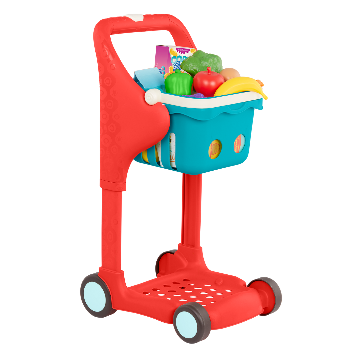 Toy shopping cart with groceries.