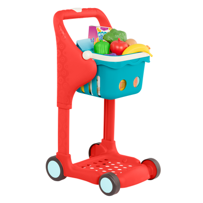 Toy shopping cart with groceries.