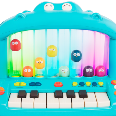 Hippo-shaped play piano for kids with 8 colorful birds.