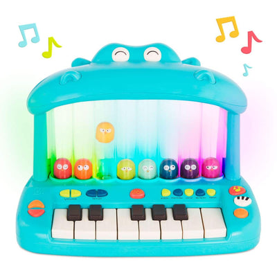 Hippo-shaped play piano for kids with 8 colorful birds.