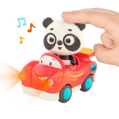 Light-up toy panda in race car.