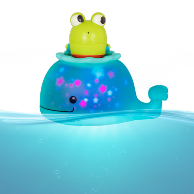 Frog squirt and light-up whale bath toys.