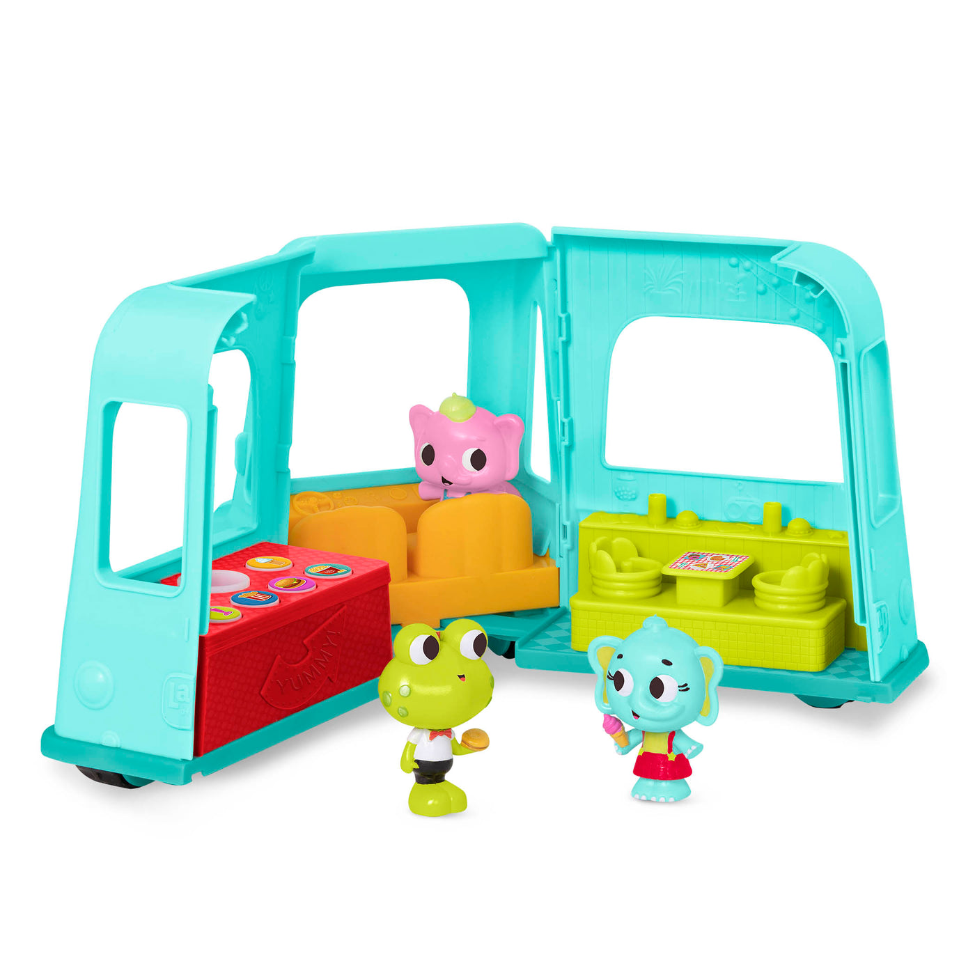 Toy food truck with 3 characters and stickers.