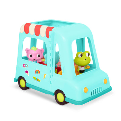 Toy food truck with 3 characters and stickers.