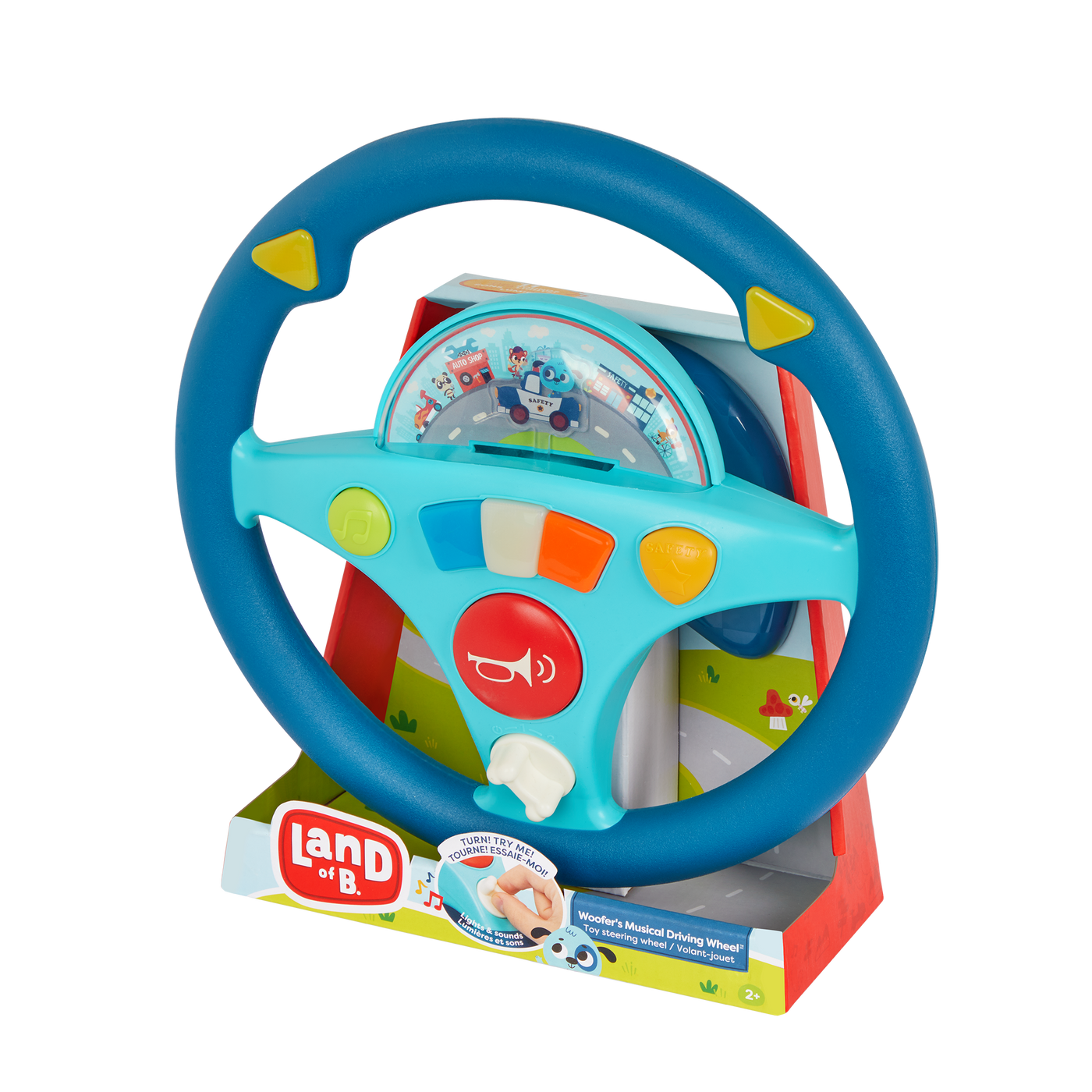 Toy steering wheel with light-up buttons.
